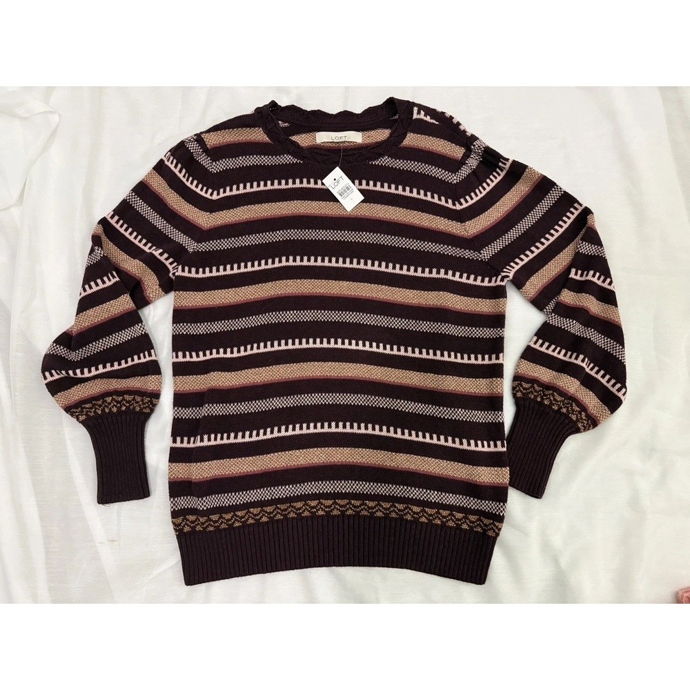 NWT LOFT Sweater Womens Large Maroon Striped Gold Metallic Knit